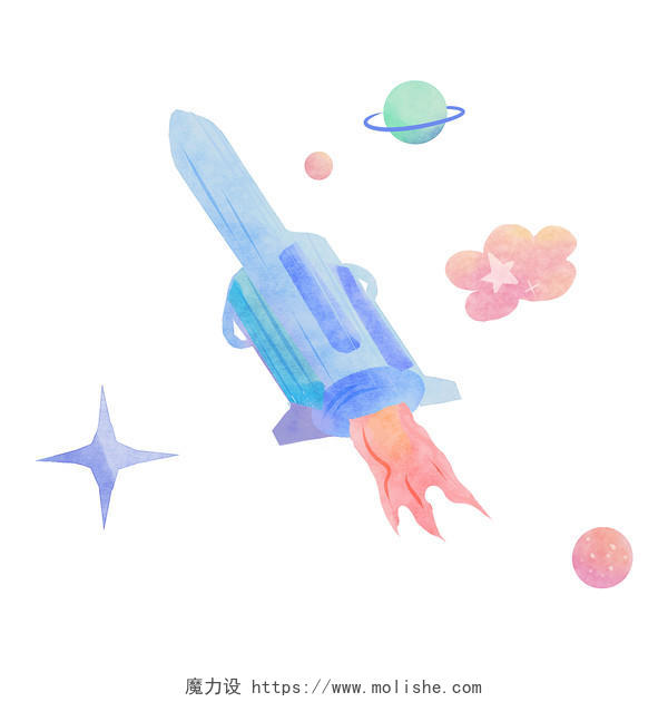 水彩风格航天火箭元素天空素材PNG素材卡通航天日插画